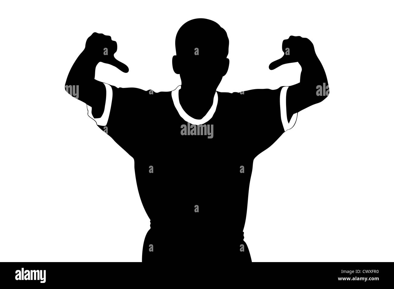 Una silhouette di un ventilatore di sport dando il pollice verso il basso isolato su bianco Foto Stock