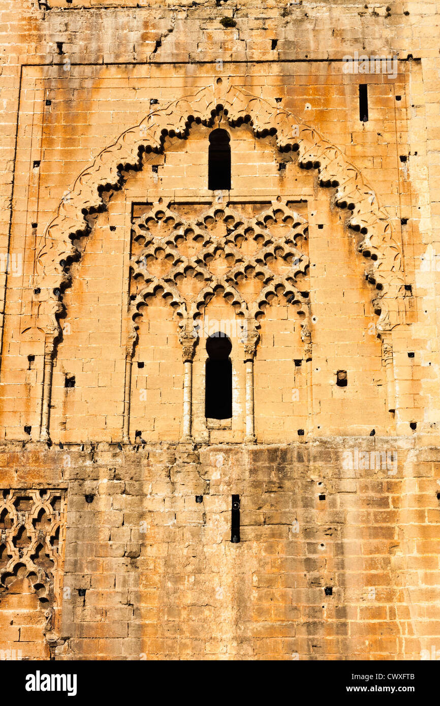 Dettaglio della Torre Hassan. Lasciato incompiuto è stato destinato ad essere il più grande minareto nel mondo. Rabat, Marocco Foto Stock