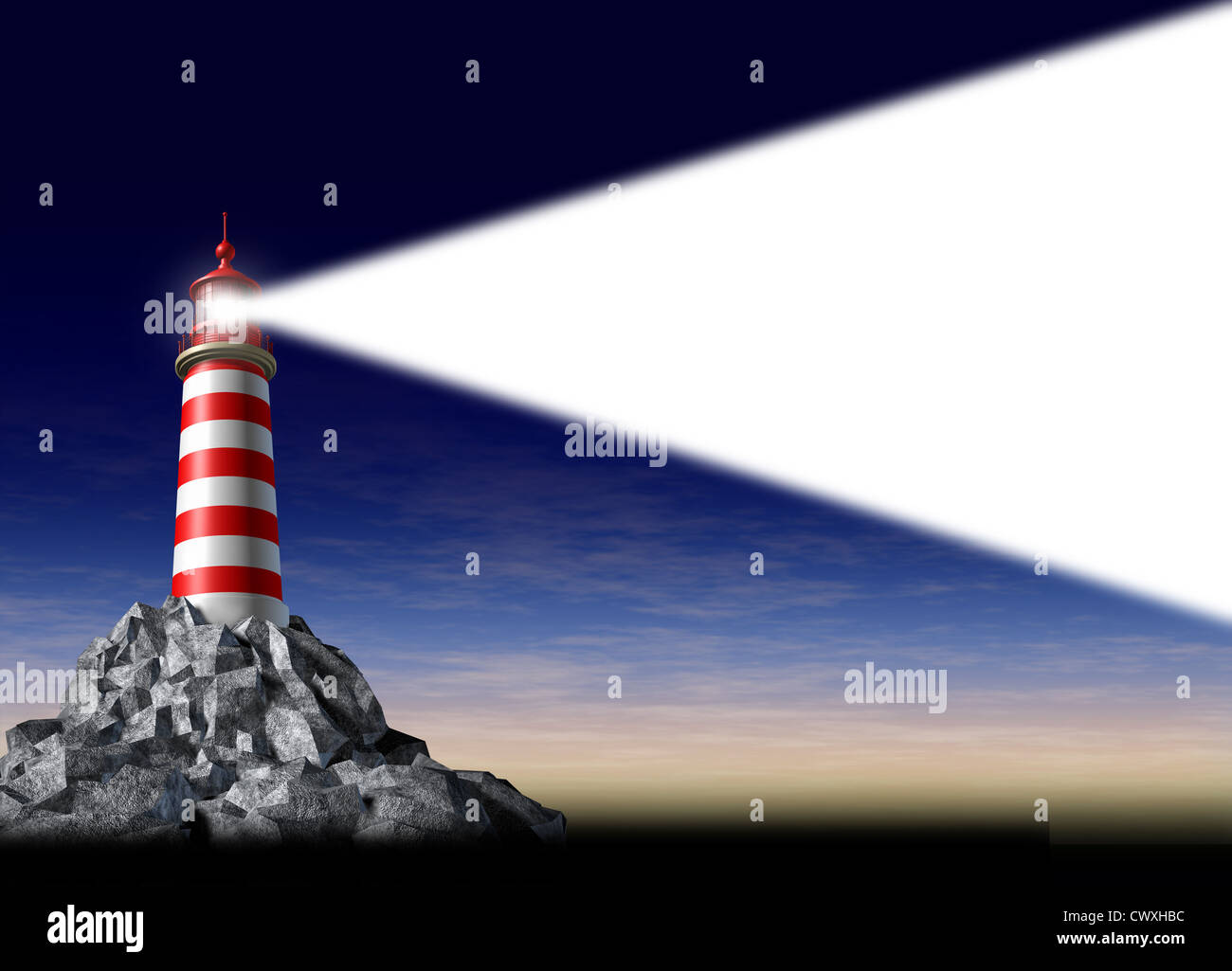 Faro di luce come un business di successo simbolo della strategia di leadership e la visione di un obiettivo con una casa di luce su di una roccia per trasmissione via IR a Foto Stock