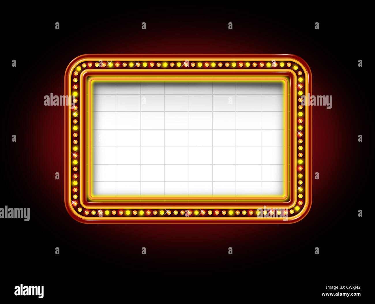 Teatro tendone vuoto luci al neon con segno luminoso incandescente annuncio tabellone per promuovere e comunicare un messaggio importante per il pubblico su una notte nera dello sfondo. Foto Stock