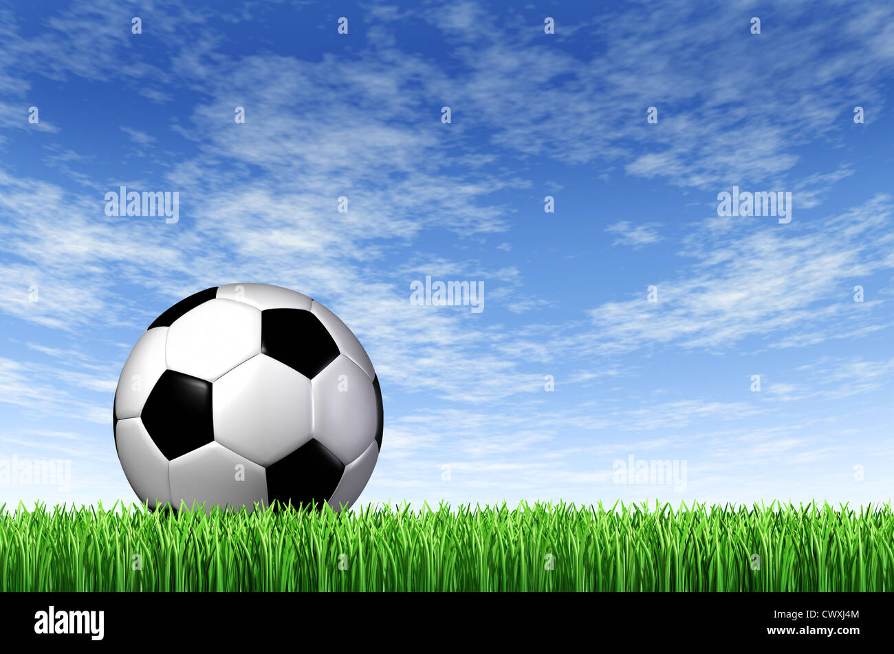 Pallone da calcio e campo in erba con lo sfondo di un cielo blu e verde  europeo allo stadio di football turf come un concetto di divertimento  estate team Foto stock -