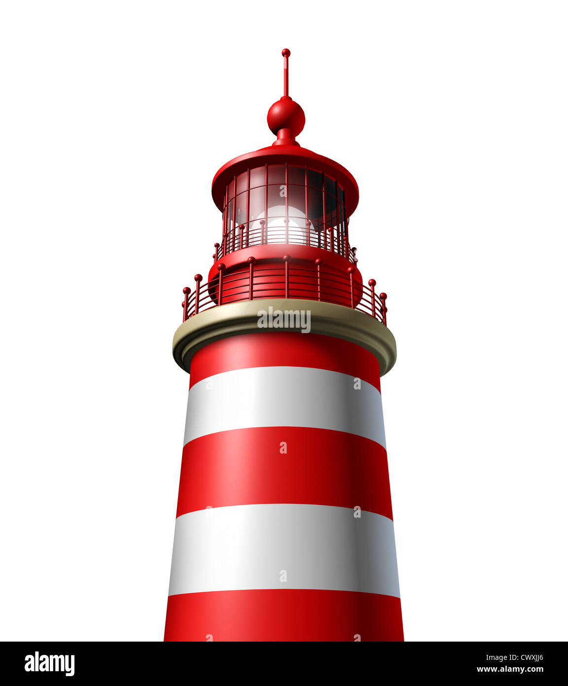 Faro close up su uno sfondo bianco come un faro di speranza e di un orientamento strategico simbolo dall'alta torre per la sicurezza e la chiara direzione assistenza nella pianificazione di un viaggio o di strategia aziendale. Foto Stock