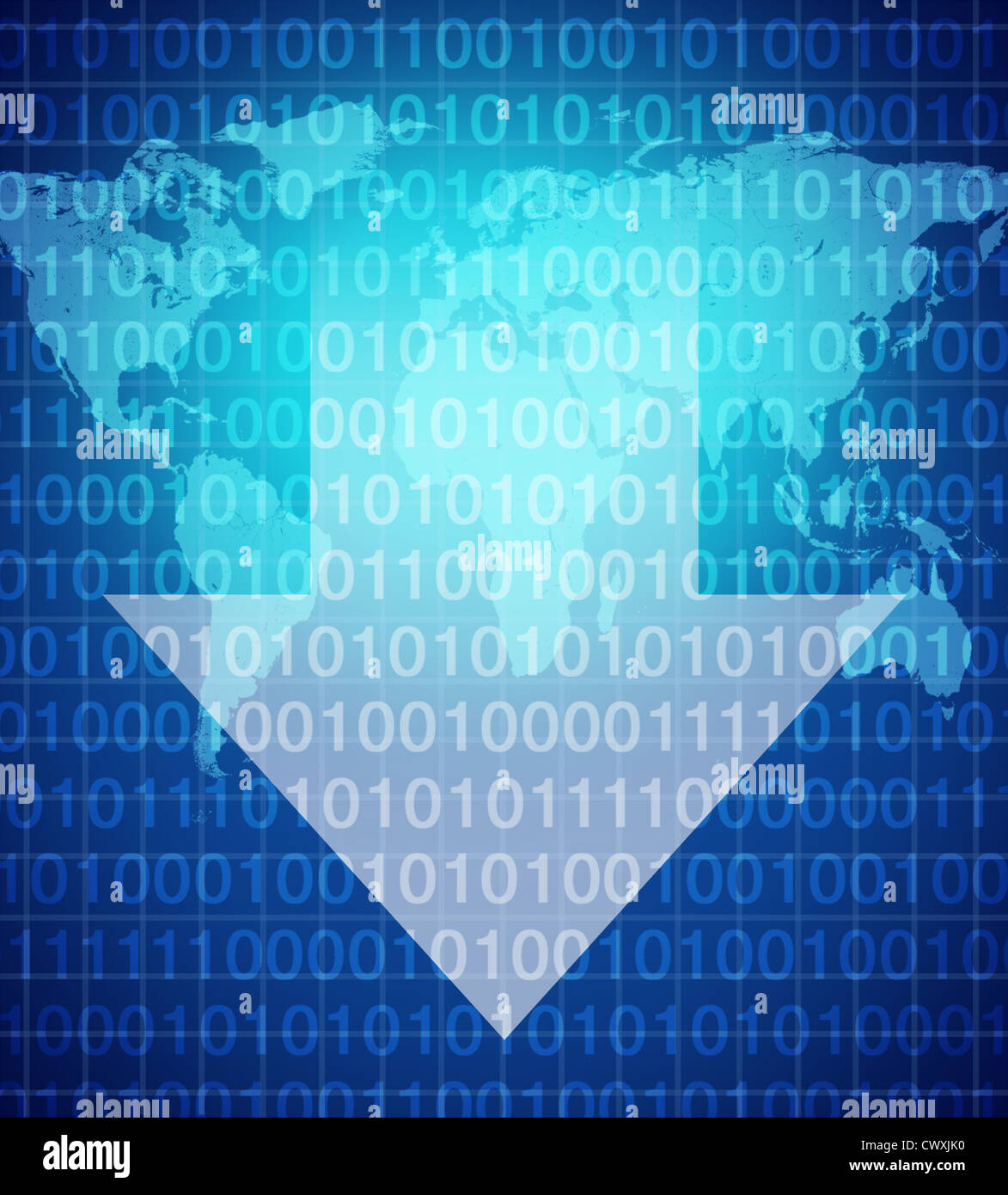 Il download di contenuti come un simbolo di internet e la distribuzione digitale di musica mp3 e immagini o scritte come contenuto in ebook o internationaly video e su scala globale con una mappa del mondo sul codice binario grafica. Foto Stock