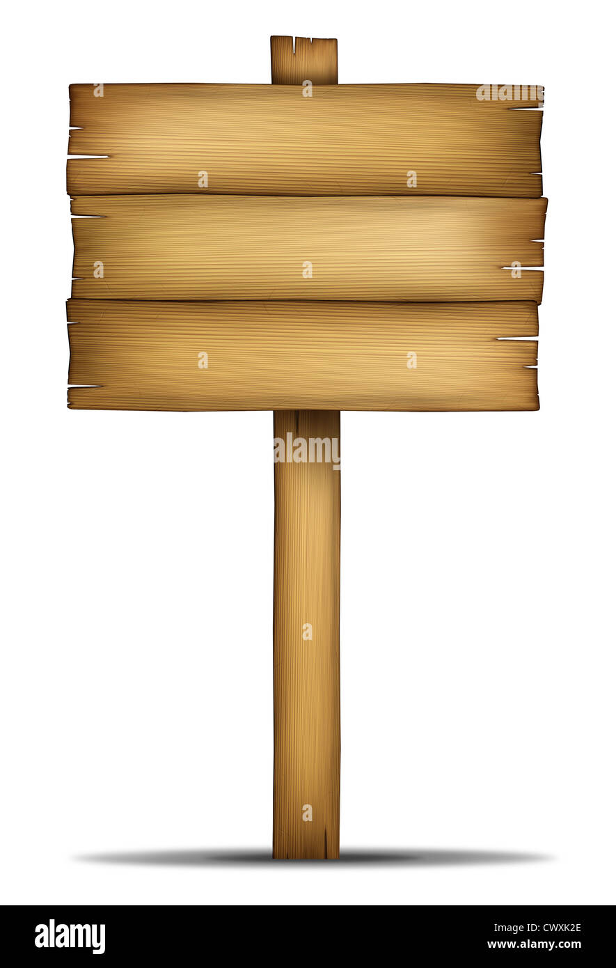 Cartello in legno con palo come un vecchio tema occidentale e legno weathered woodgrain elemento di design della comunicazione con una zona vuota per il testo su sfondo bianco. Foto Stock