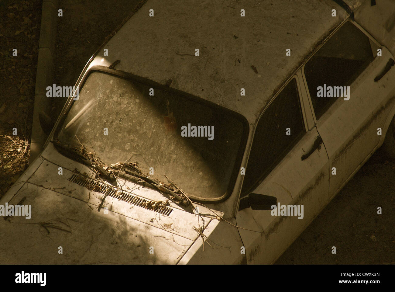 La morte del gas beone. Un vecchio dimenticato Dacia lentamente marciscono nella sua "cimitero" dietro un blocco di appartamenti. Foto Stock
