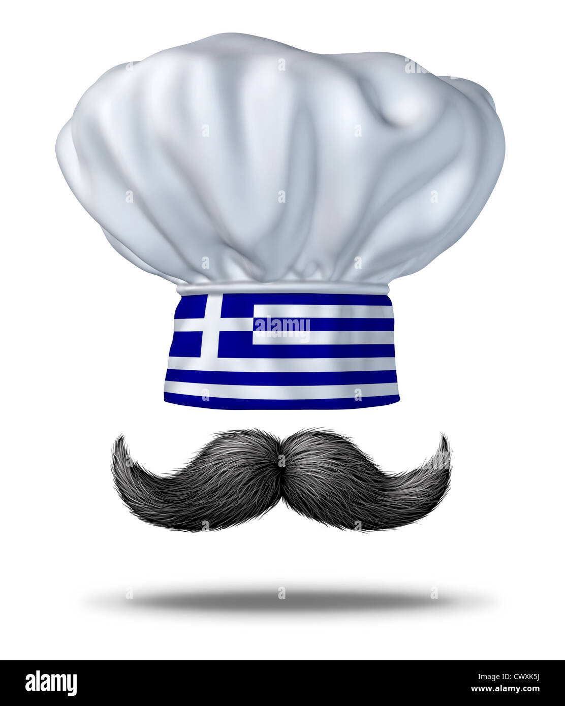 La cucina greca e cibo dalla Grecia con cappello da cuoco con il blu e bandiera bianca e un tradizionale manubrio nero baffi spessi come un simbolo della ricca cultura culinaria di piatti di cucina mediterranea tradizionale. Foto Stock