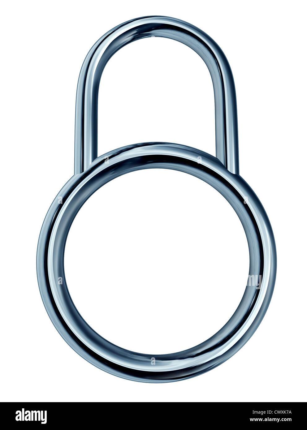 Serratura di sicurezza concetto con un forte cromo metallico di apparecchiature sicure icona in una forma circolare con una zona vuota come una protezione di sicurezza simbolo del firewall internet privacy isolato su uno sfondo bianco. Foto Stock