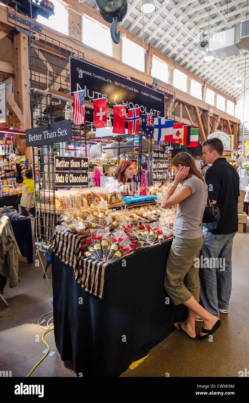 Pressione di stallo di mercato a Granville Island market, Vancouver, Canada Foto Stock