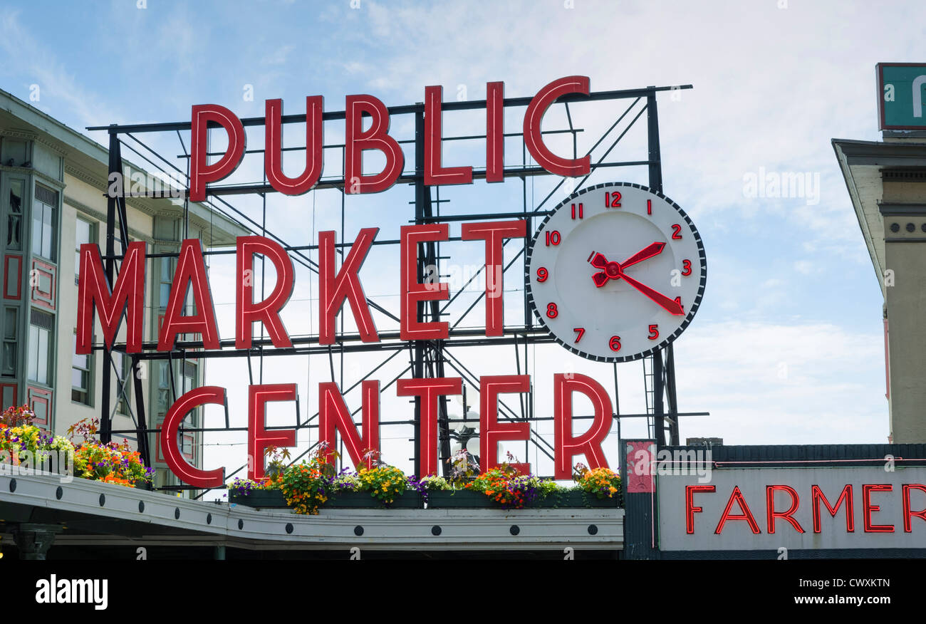 Il Mercato di Pike Place segno, Seattle, Stati Uniti d'America Foto Stock