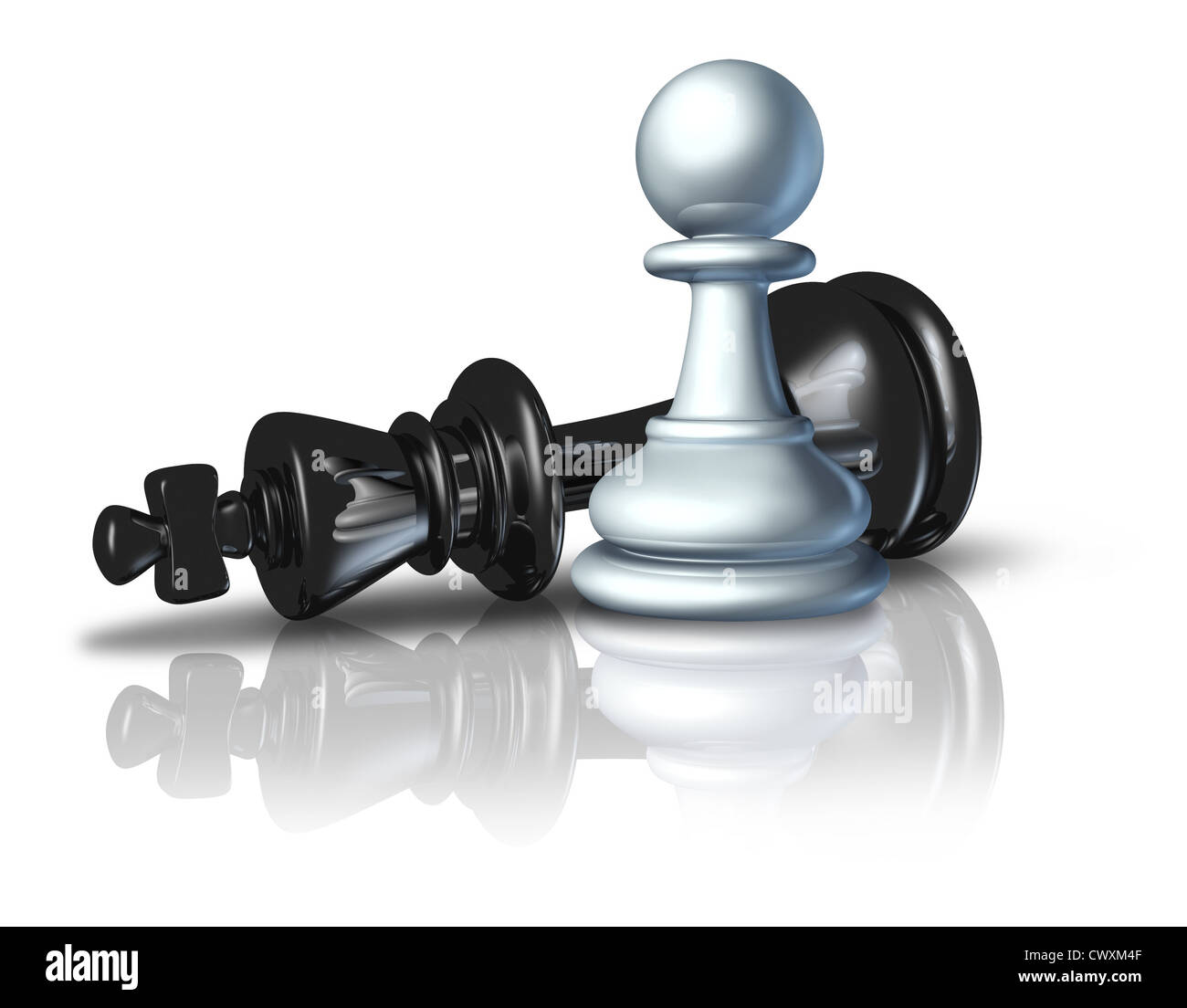 Strategia di successo e vincente un business plan simbolo rappresentato da una pedina che sconfigge il re di scacchi come icona di Davide e Golia concetto su uno sfondo bianco. Foto Stock