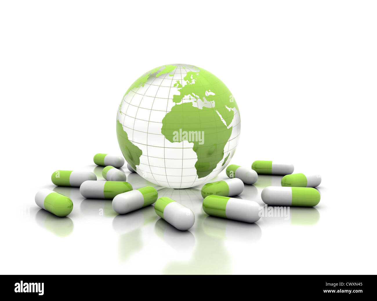 Pillole medicinali e globo mondo isolato su bianco Foto Stock