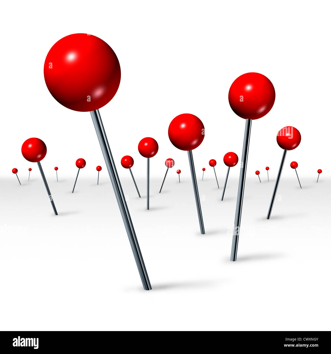 Direzione di viaggio ubicazione concetto con red puntine da disegno in prospettiva come un turismo e viaggi simbolo che mostra il concetto di viaggio del contrassegno di una posizione per aiutare nella navigazione su uno sfondo bianco. Foto Stock