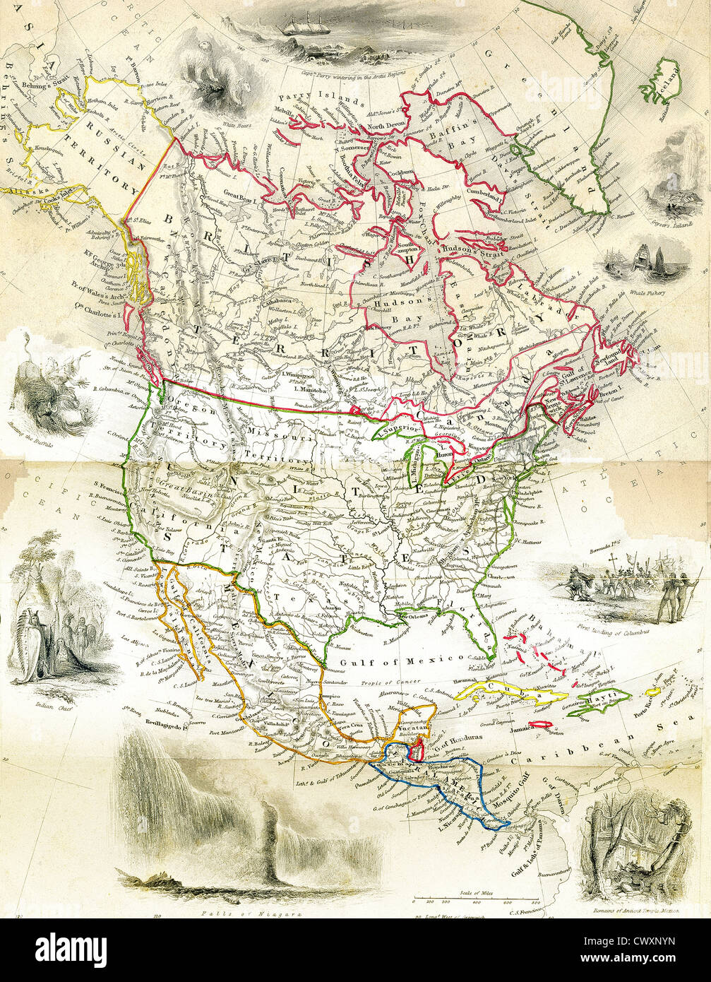 1856 mappa di n. America, con scene di orsi, Capitano Parry, geyser Isola, balene, Columbus, Messico, Niagara Falls, Indiani. Foto Stock