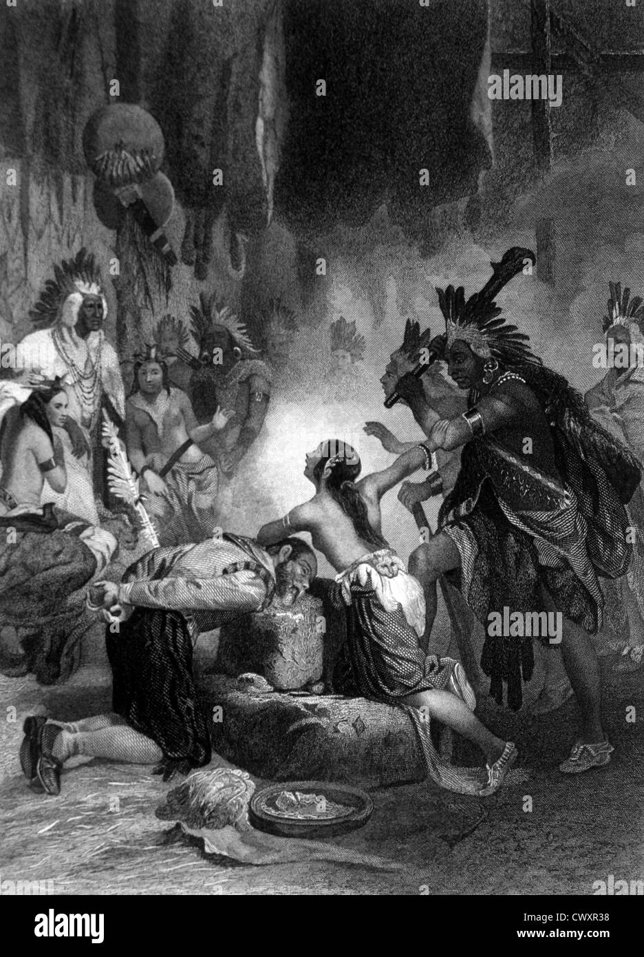 Pocahontas salvando la vita del capitano John Smith, 1613, 1878 l'incisione Foto Stock
