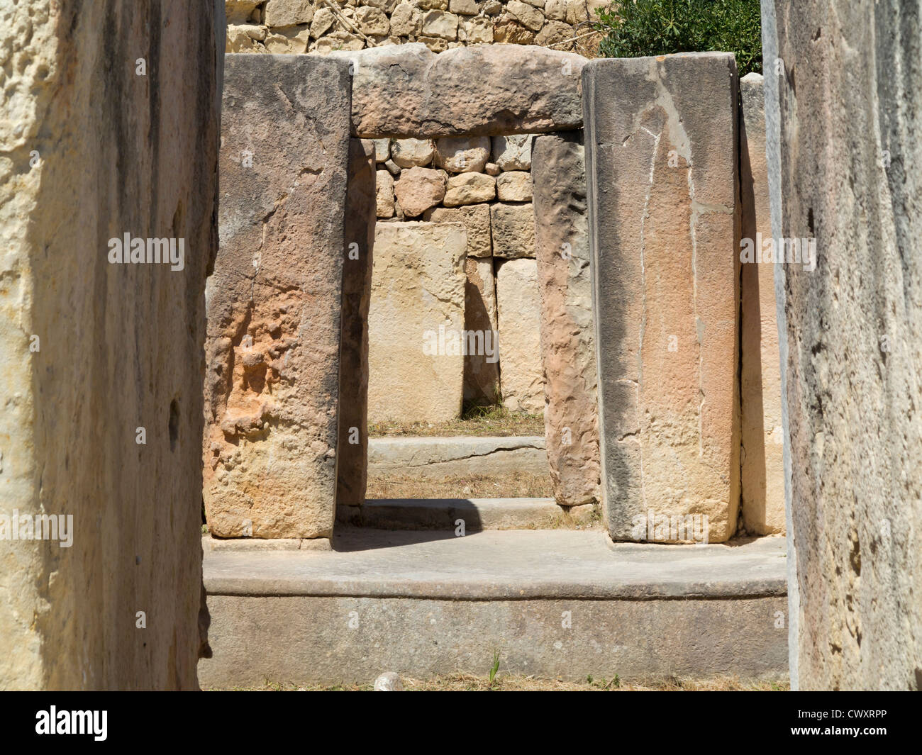 I Templi di Tarxien situato sul tempio del neolitico Street, Tarxien, isola di Malta, Mare Mediterraneo Foto Stock