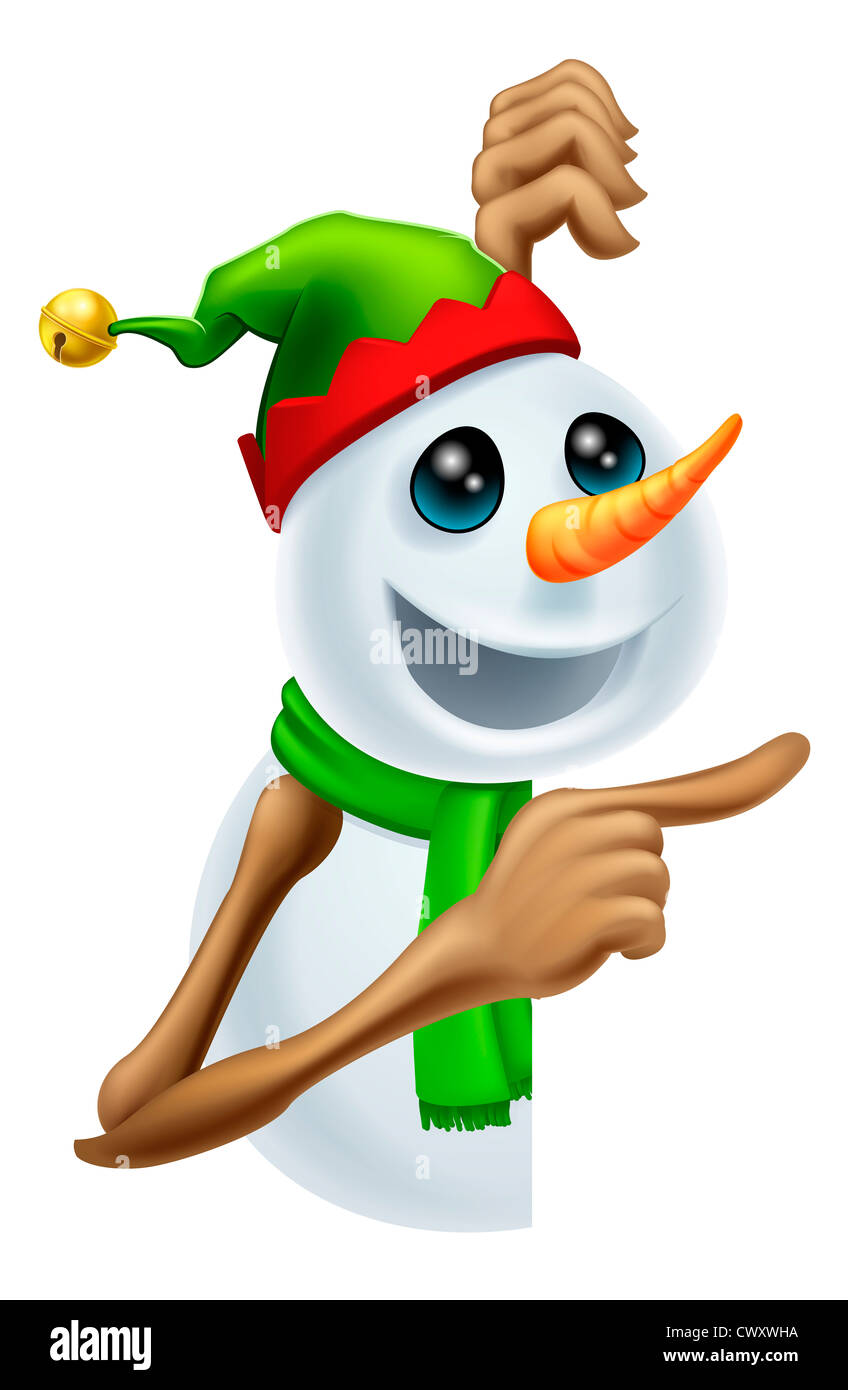 Illustrazione di un simpatico felice Natale pupazzo di neve in pixie o elf hat rivolta Foto Stock