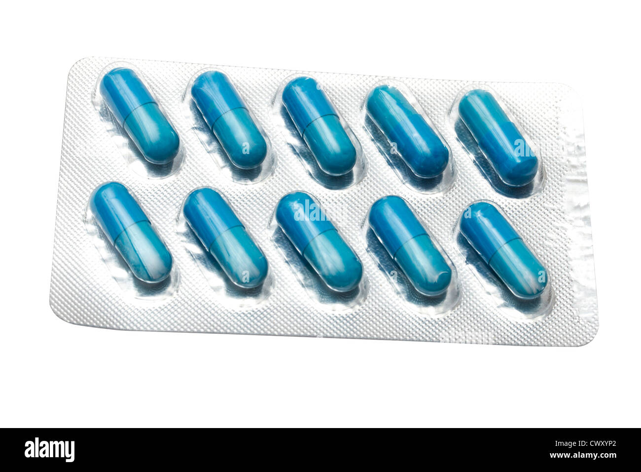 Capsule blu isolato su sfondo bianco Foto Stock