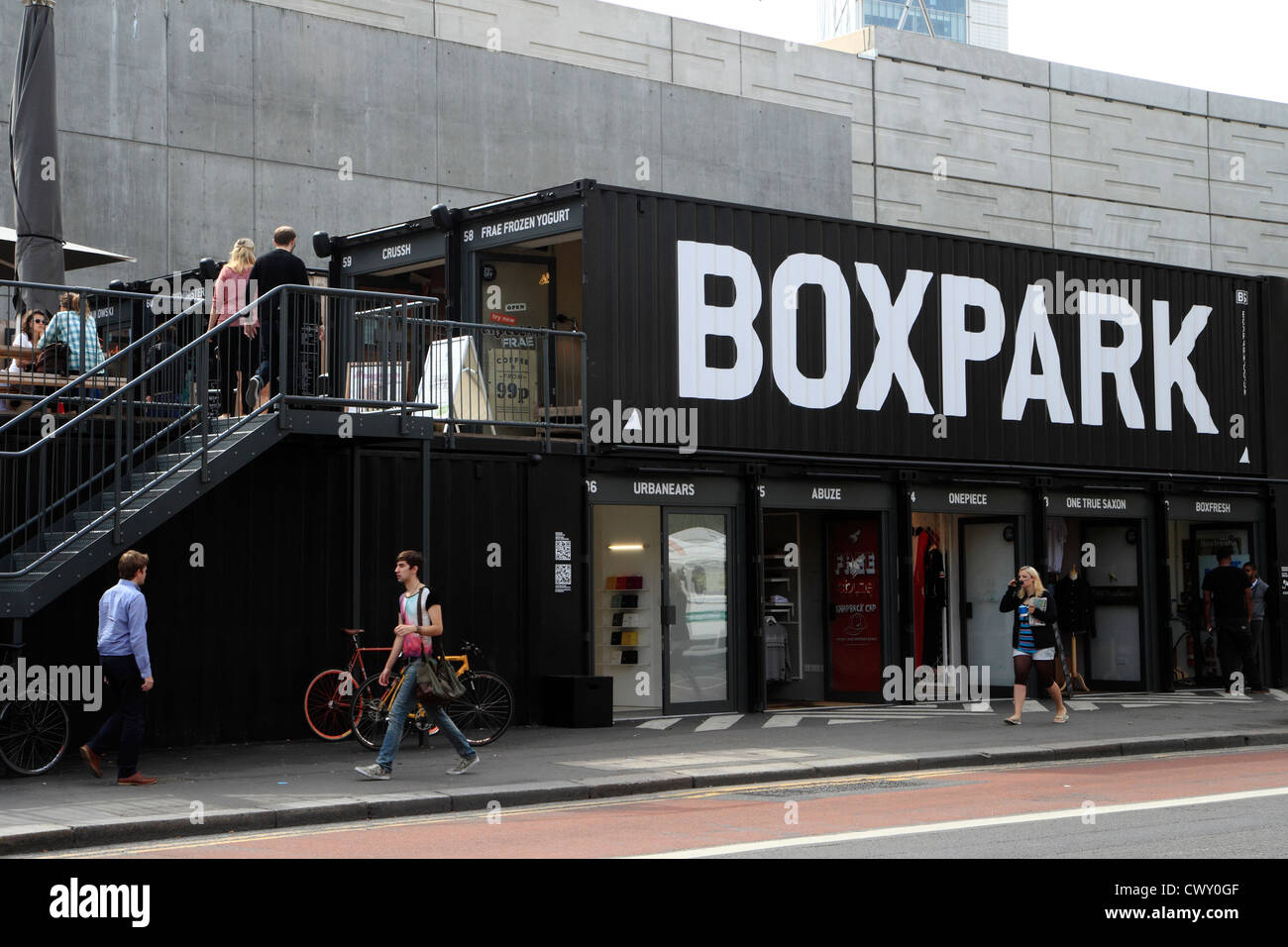 Boxpark, Shoreditch, London, Regno Unito Foto Stock