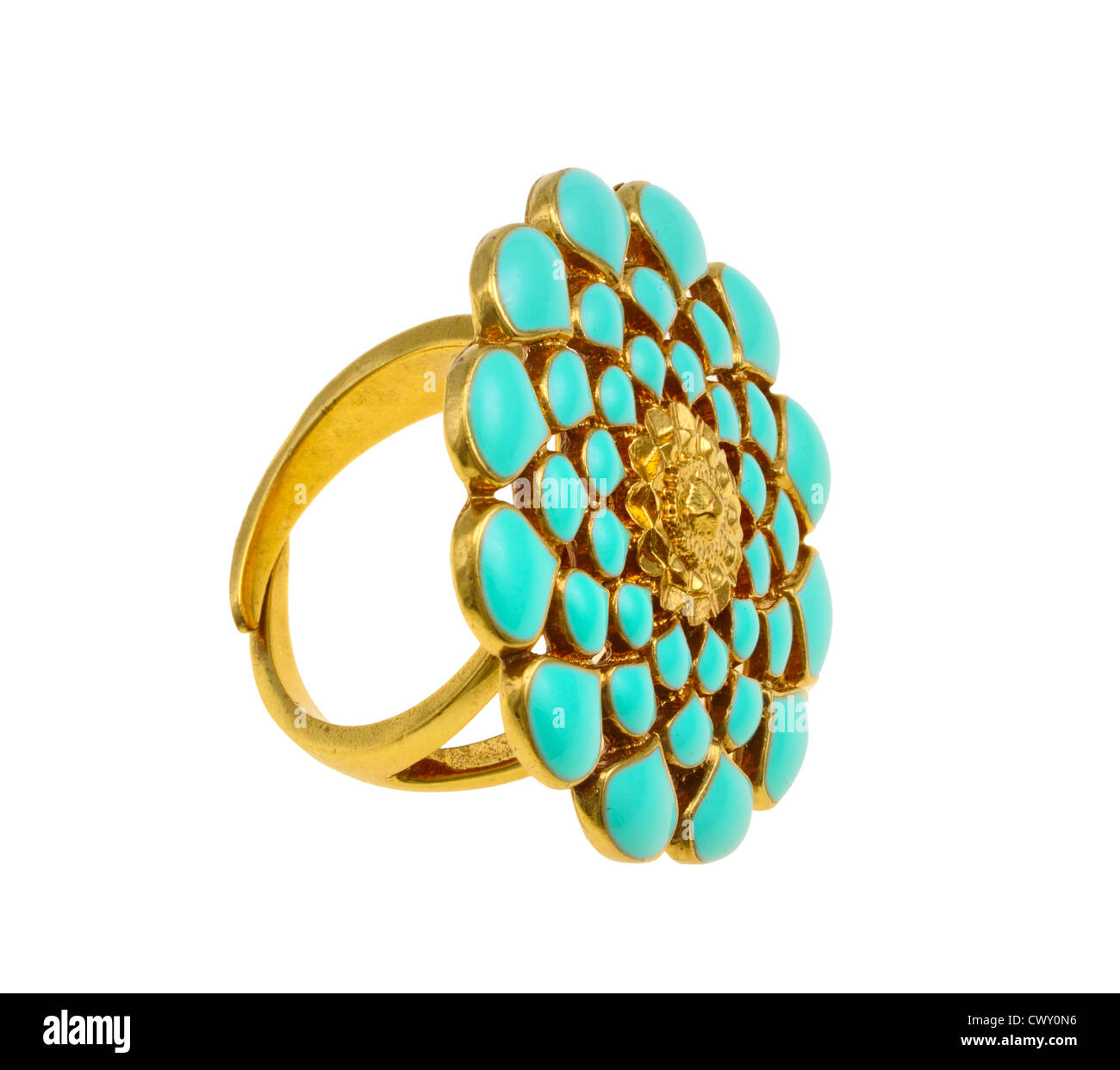 Gioielli, anello giallo blu con ornamenti floreali Foto Stock