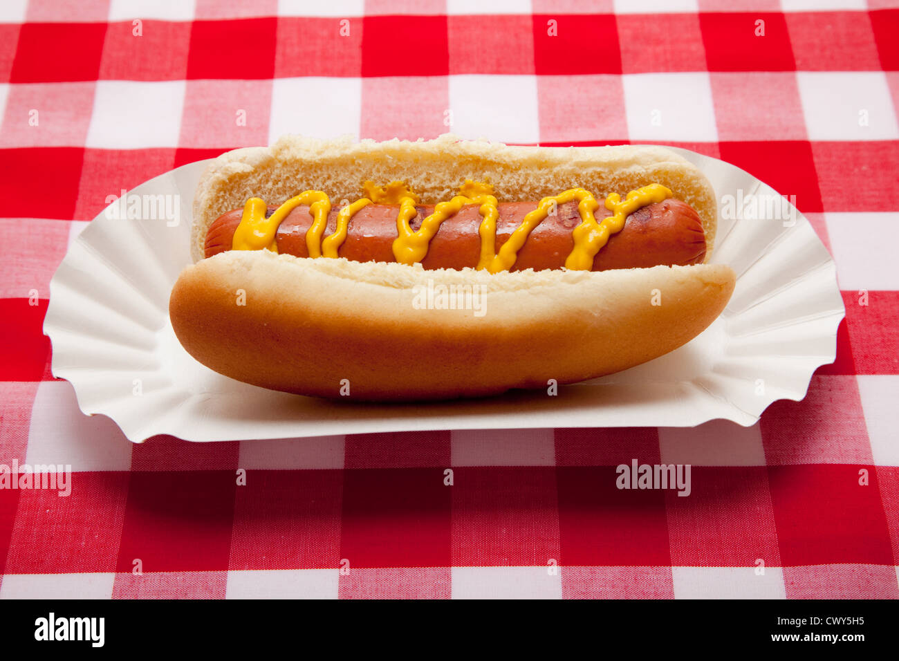 Un hot dog con senape su un rosso Gingham tovaglia Foto Stock