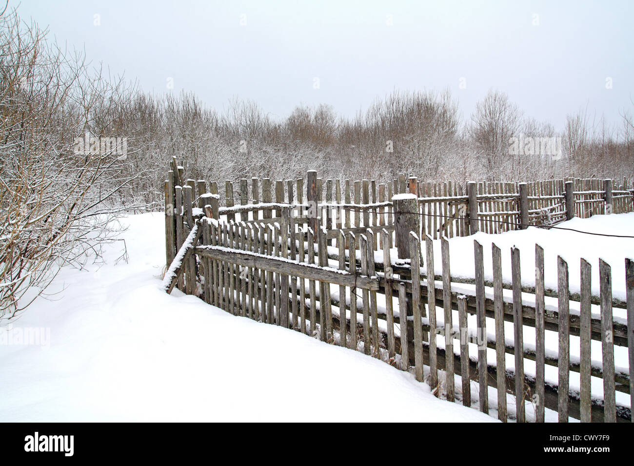 Vecchia staccionata in legno sulla neve invernale Foto Stock