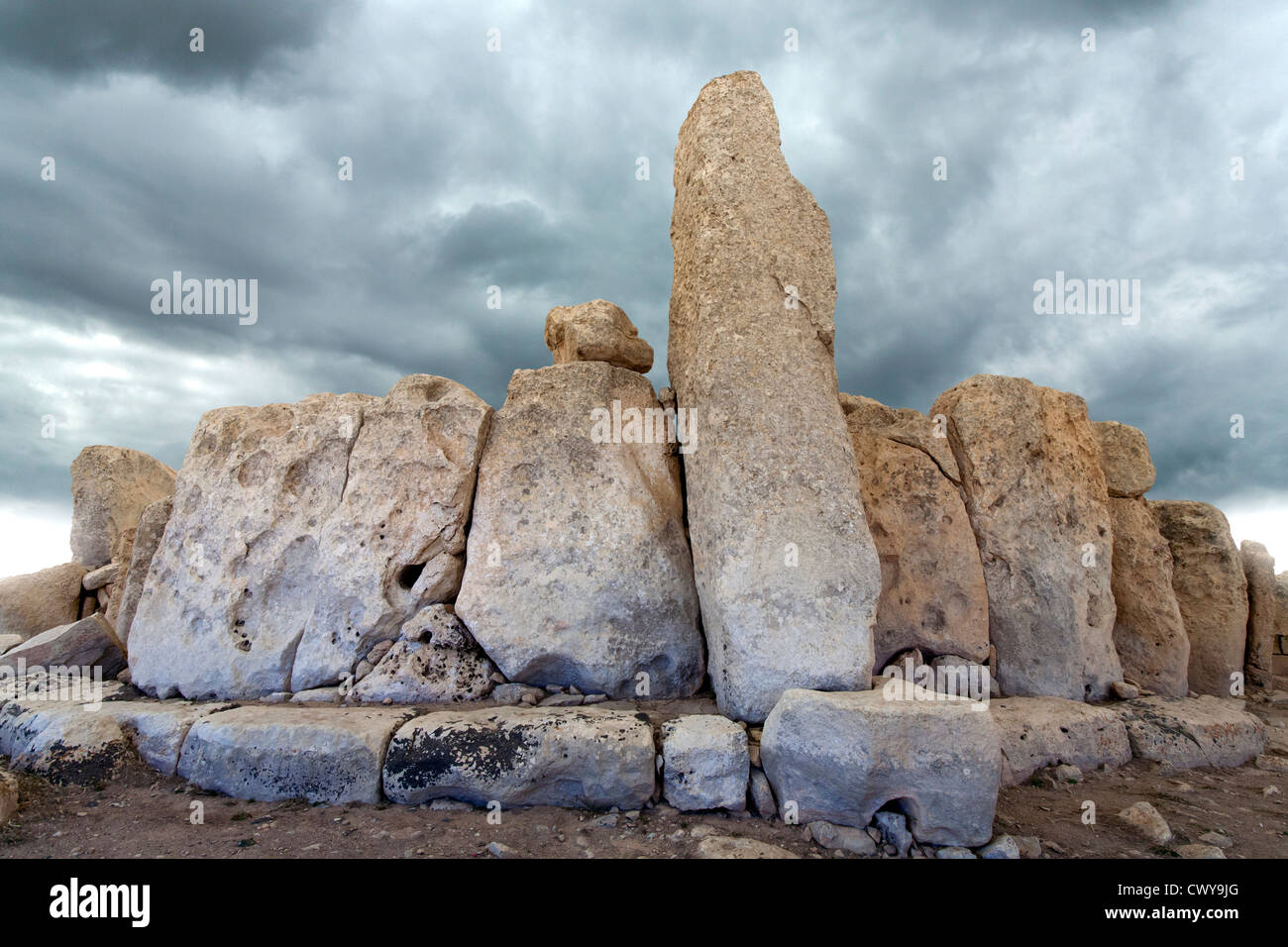 Pietre Megalthic a Hagar Qim templi, Qrendi, isola di Malta, Mediterranea Foto Stock