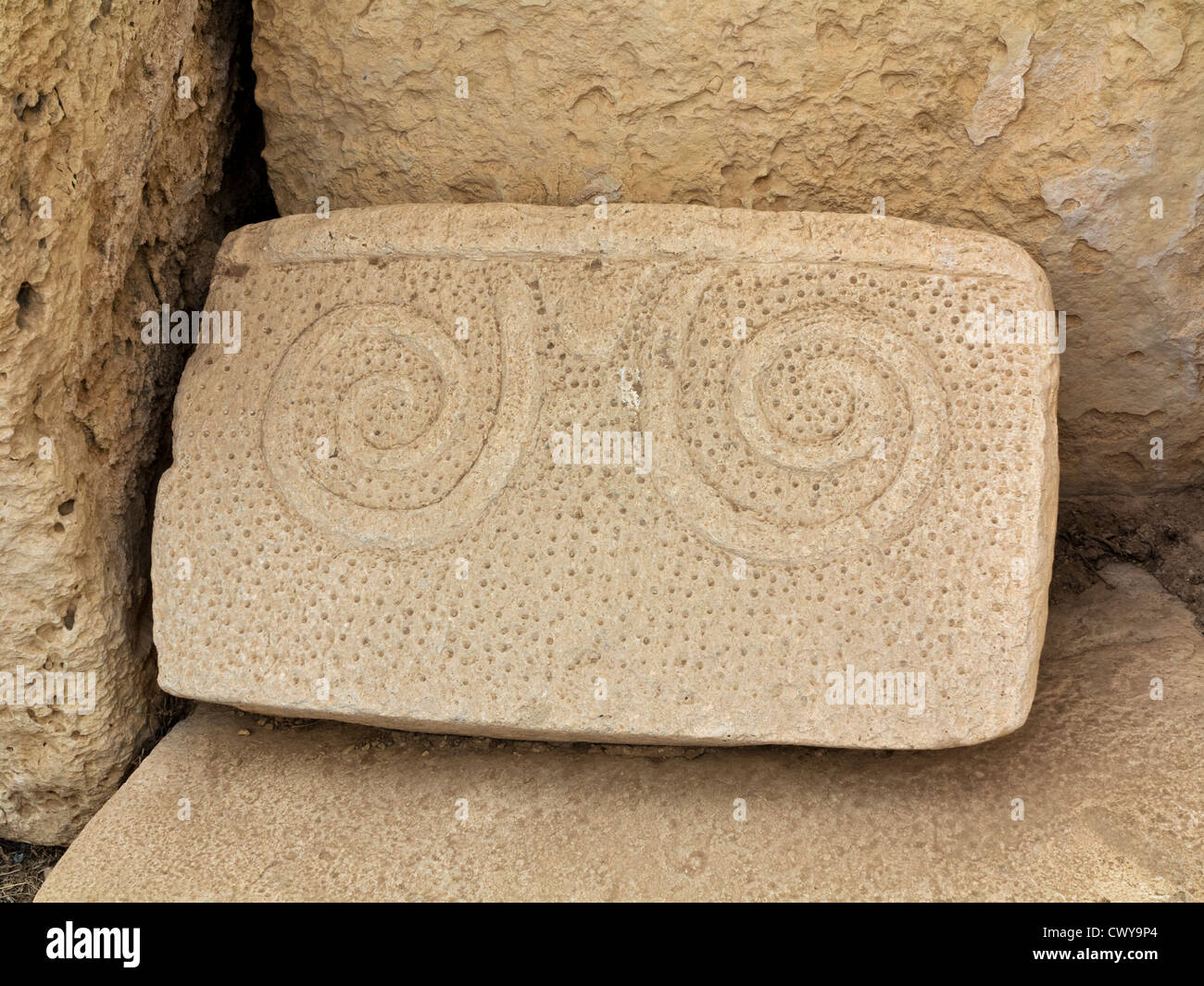 Decorate il blocco di pietra calcarea a Hagar Qim templi, Qrendi, isola di Malta, Mediterranea Foto Stock