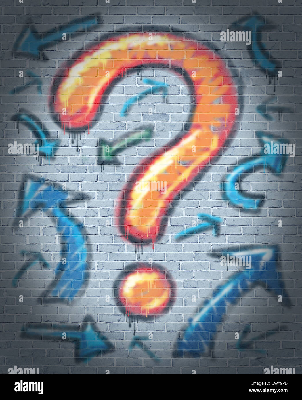 Graffiti punto interrogativo con direzione confuso frecce dipinte e spruzzata con una bomboletta di aerosol texture su una ruvida urban muro di mattoni come un concetto di trovare soluzioni e risposte a confusione. Foto Stock