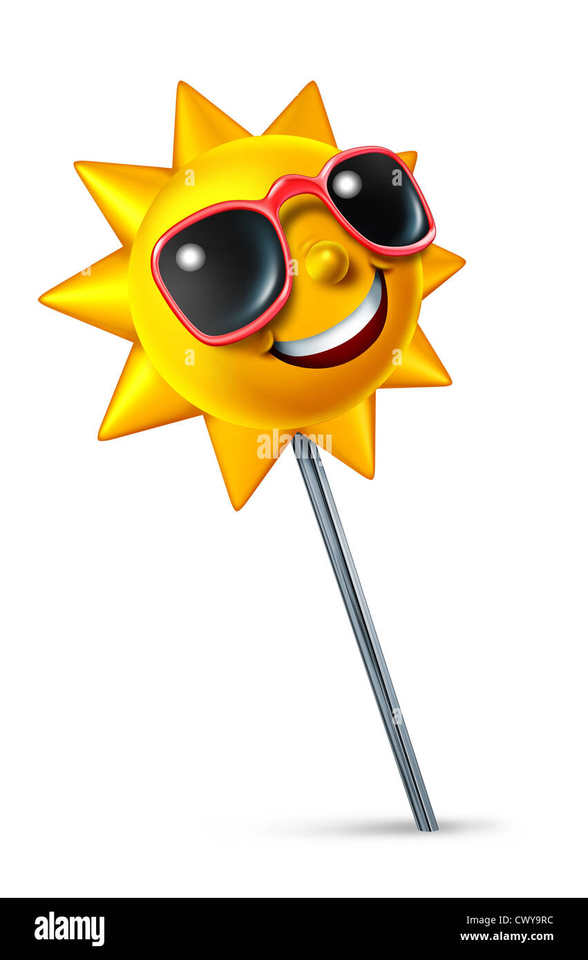 Viaggi e vacanze locazione con un singolo push pin premuto su uno sfondo bianco e una felice carattere sun presso la punta come un simbolo di viaggio di cercare e trovare il posto migliore per godere di un po' di relax il tempo come un turista. Foto Stock