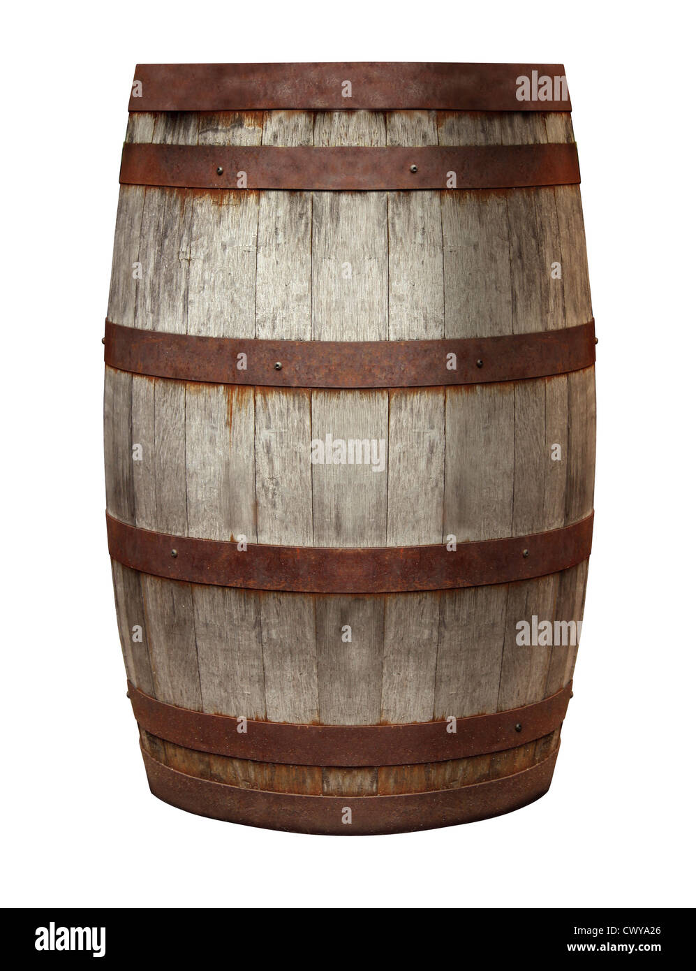 Barile vecchio fatta di vintage in legno stagionato e rusty anelli in metallo isolato su un fondo bianco per la memorizzazione di alcolici come il rum whisky e birra o vino. Foto Stock