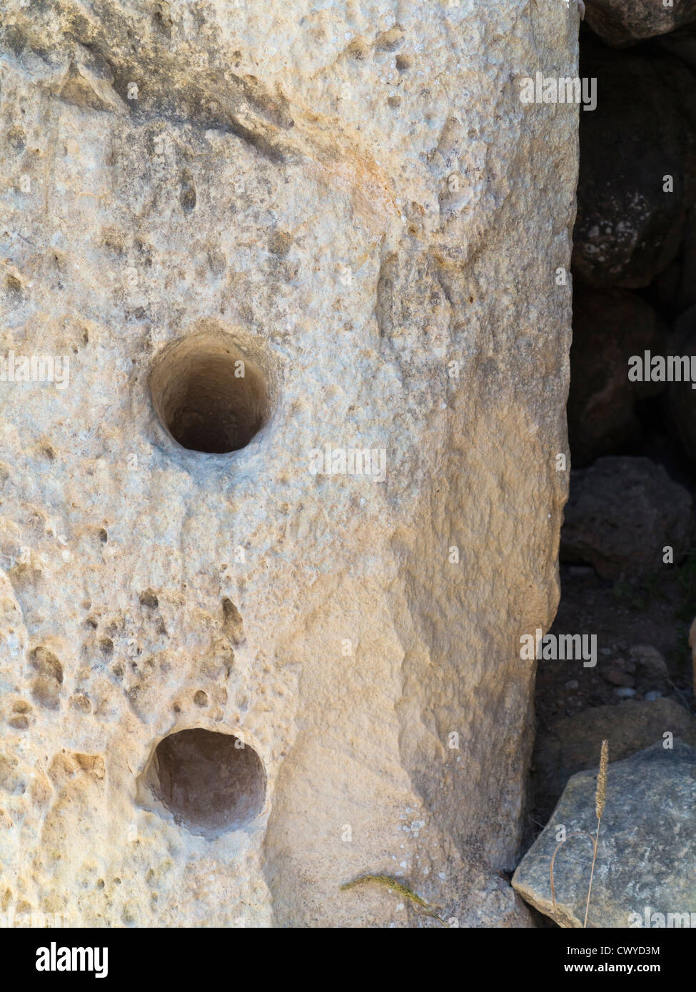 Tacche stipite per architravi in templi di Ggantija vicino Xagha, isola di Gozo, vicino a Malta, Mare Mediterraneo Foto Stock