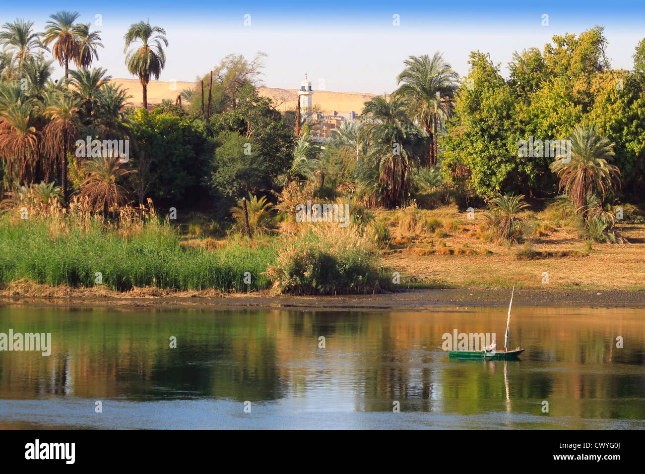 Villaggio africano nel deserto a Fiume Nilo vicino a Aswan, Egitto Foto Stock