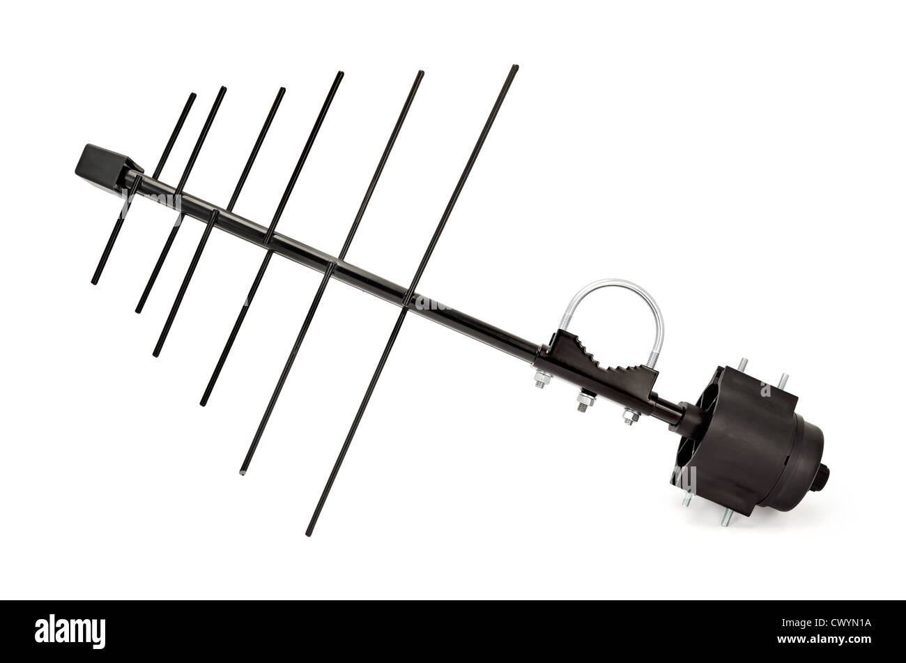 Metallo nero antenna TV isolato su sfondo bianco Foto Stock