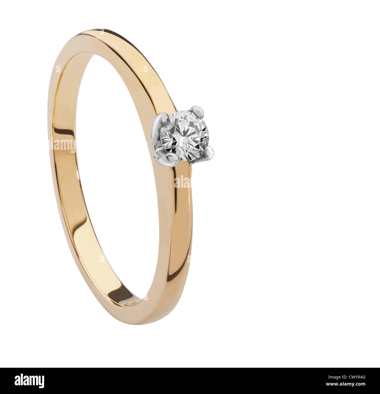 Singola pietra diamante anello di fidanzamento in oro giallo Foto Stock