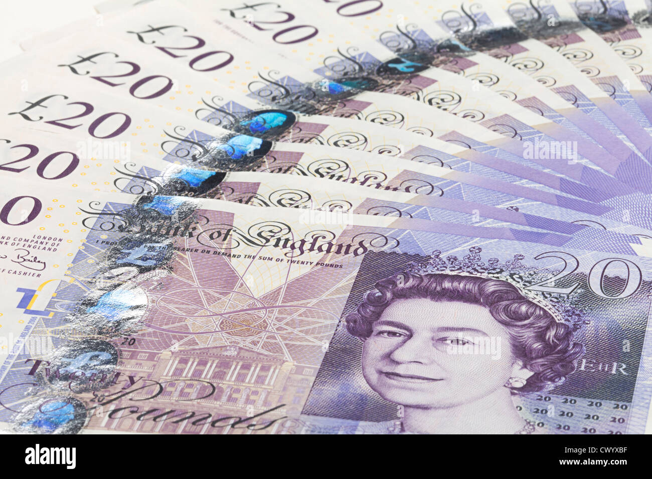 Una ventola di nuovo inutilizzato inglese di menta 20 pound note Foto Stock