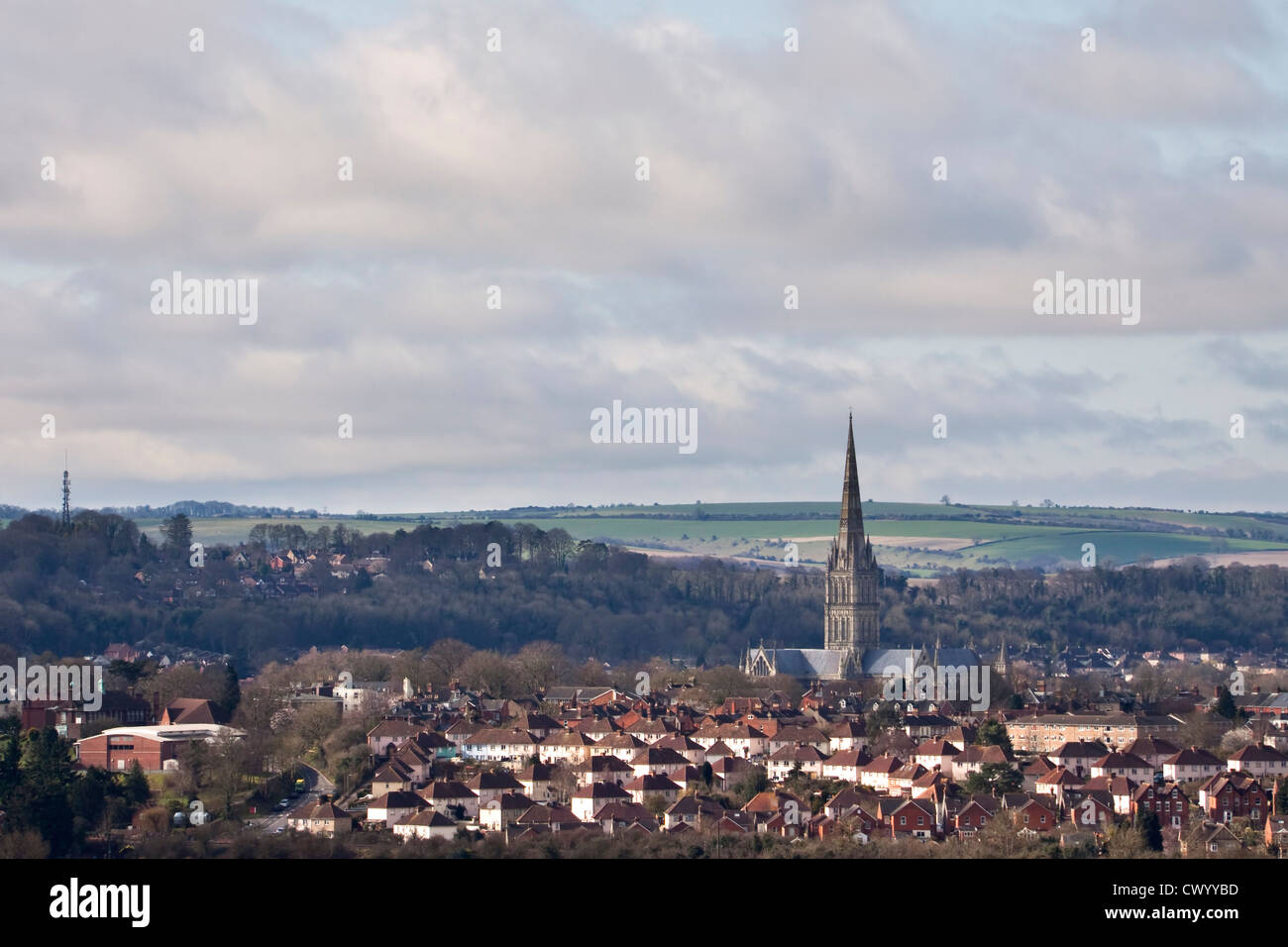 Una vista di Salisbury e la Cattedrale prese da Laverstock verso il basso Foto Stock