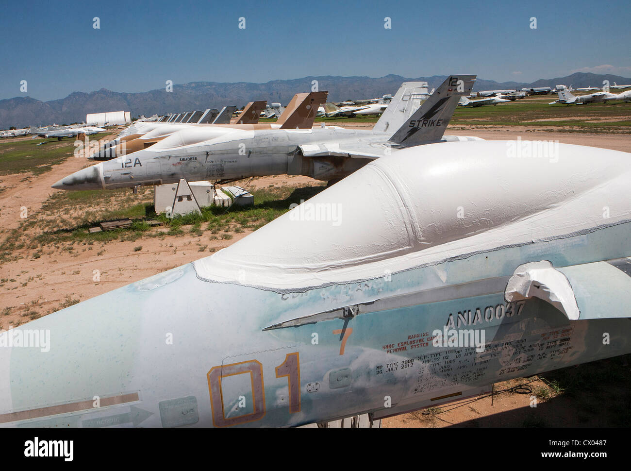 F/A-18 Hornet aeromobile in deposito presso il 309th aerospaziali e di manutenzione Gruppo di rigenerazione a Davis-Monthan Air Force Base. Foto Stock