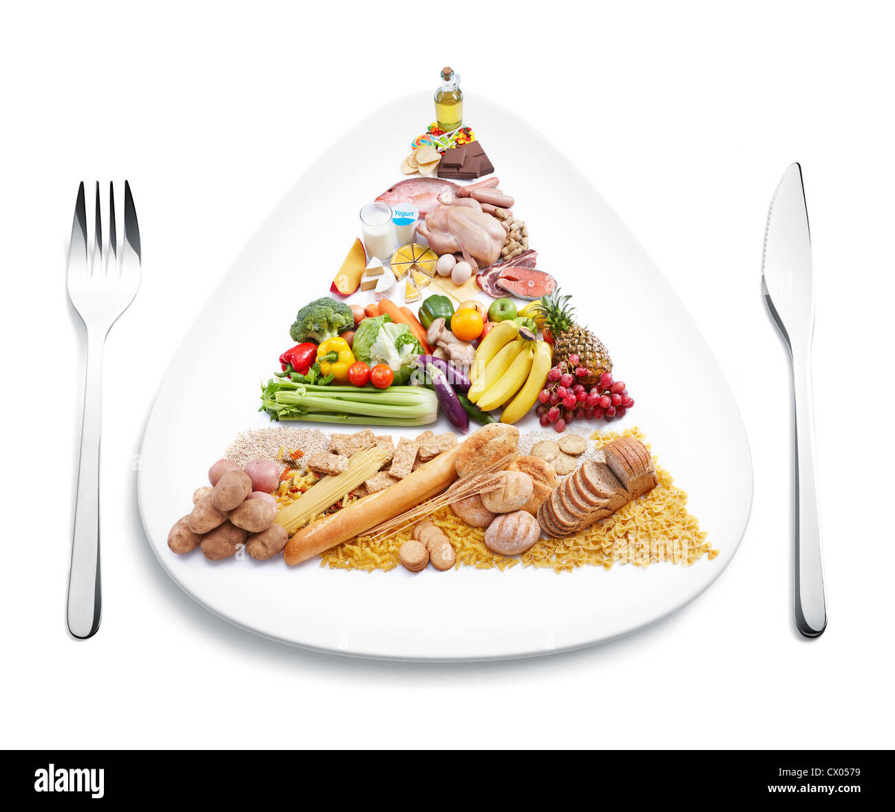 La piramide alimentare sulla piastra con coltello e forchetta Foto Stock