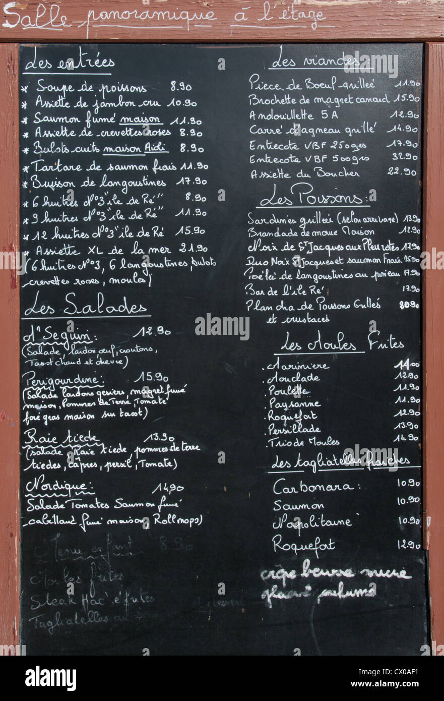 Ristorante francese scheda menu, Poitou-Charentes, Francia. Foto Stock