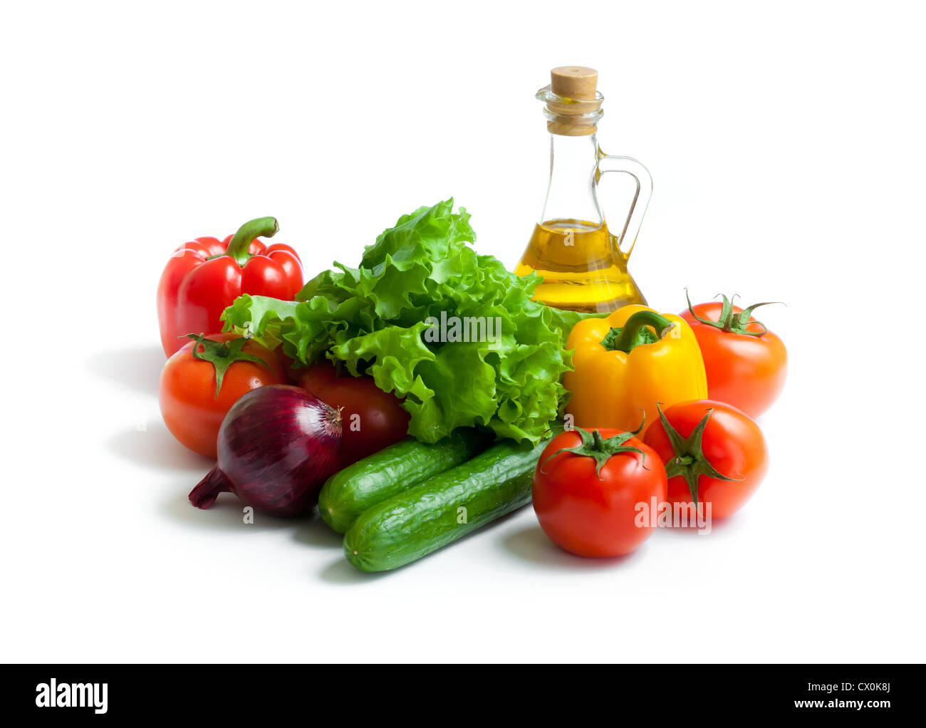 Verdure fresche e olio di vita ancora isolato Foto Stock