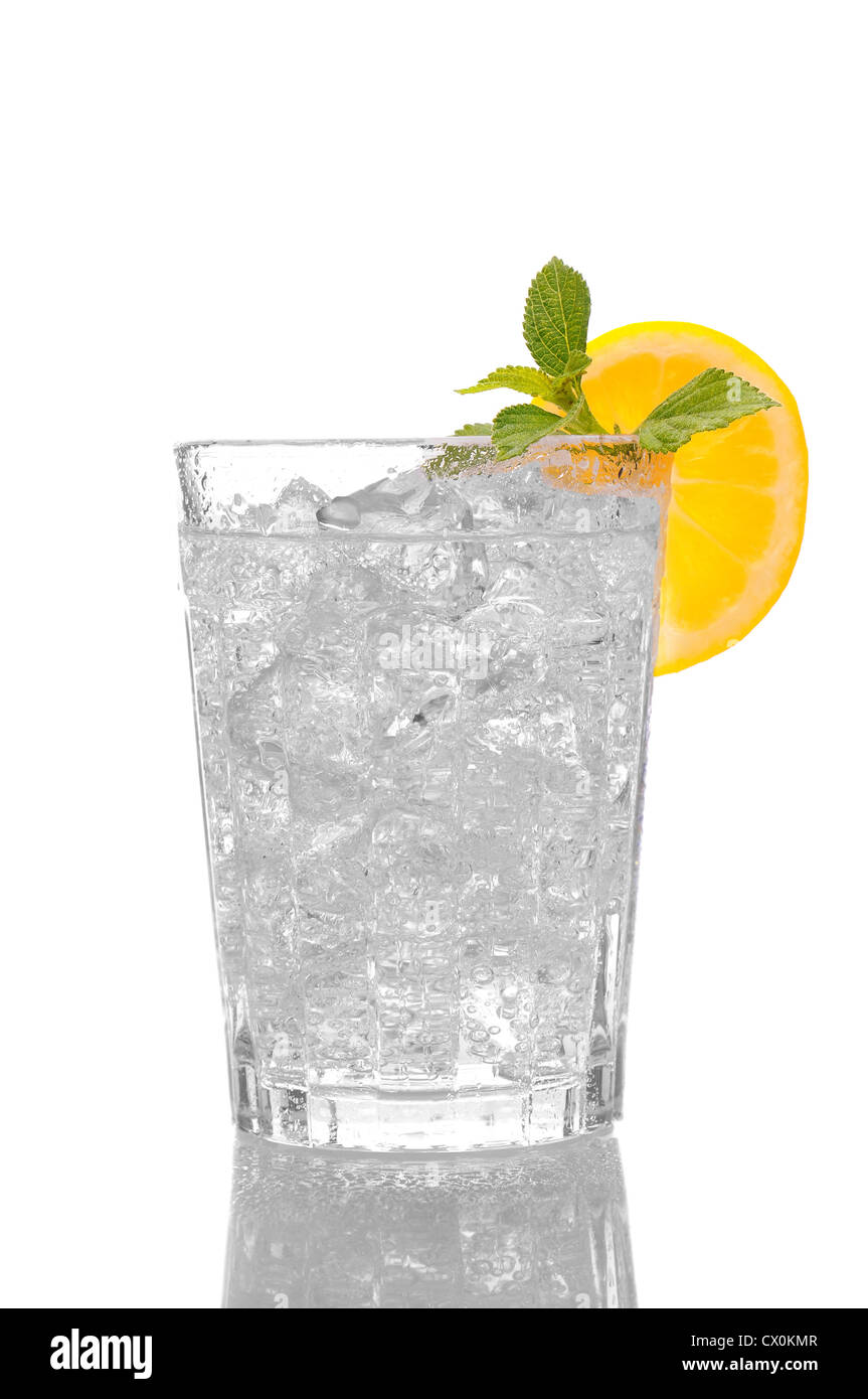 Chiudere fino ad un bicchiere di acqua frizzante con cubetti di ghiaccio, fetta di limone e foglioline di menta. Foto Stock