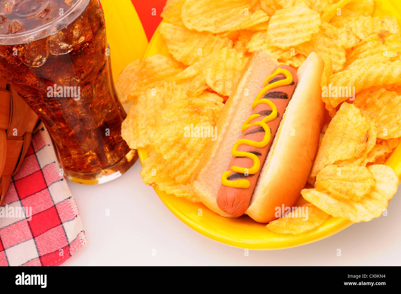 Primo piano tavolo da picnic con hot dog e patatine, vetro di soda, basket, tovagliolo. Profondità di campo. Foto Stock