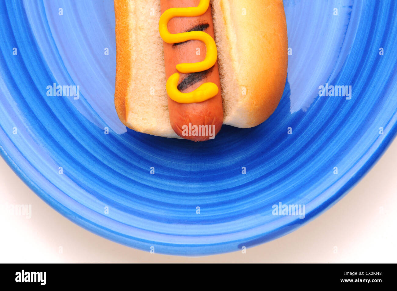 Primo piano tavolo da picnic con hot dog su una piastra blu Wiener ha contrassegni di grill e senape. Foto Stock