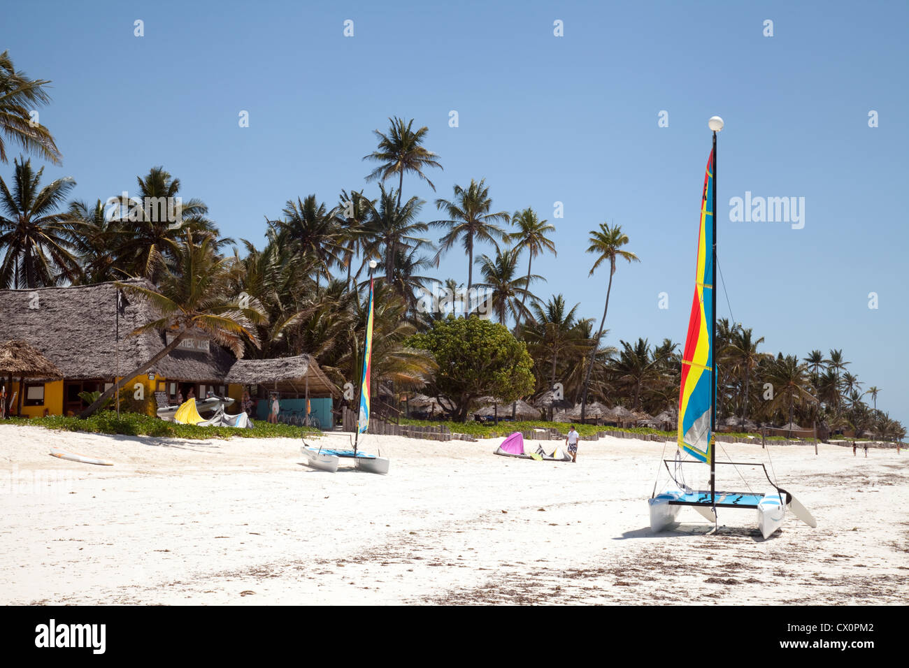 Hobie cats sulla spiaggia presso il centro di sport acquatici, brezze Hotel, Bwejuu, Zanzibar Africa Foto Stock