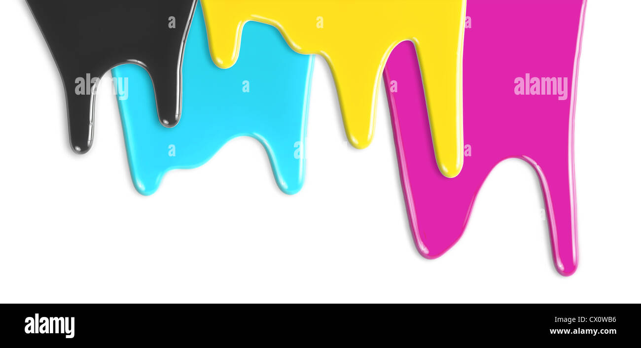 CMYK Ciano Magenta Giallo inchiostri neri gocciolamento isolato su bianco Foto Stock