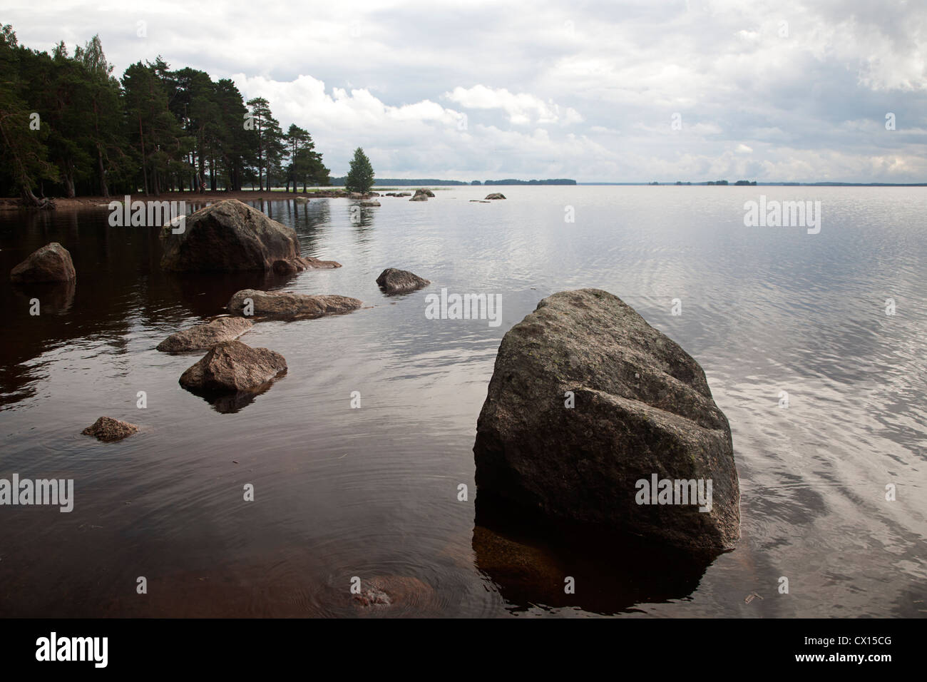 Banca con massi del lago svedese Hedesunda Fjärden, Gasterikland, Svezia Foto Stock