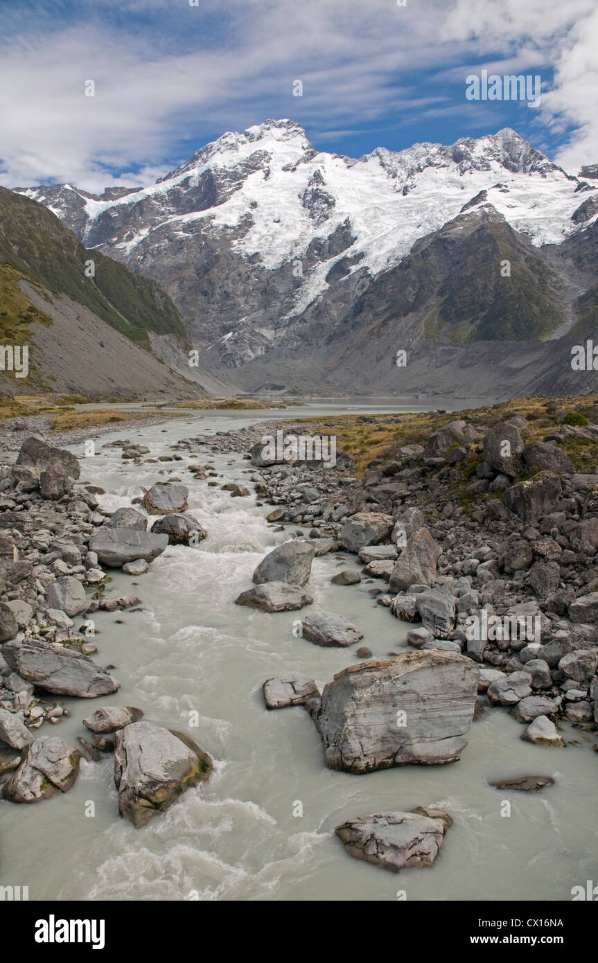 Acque glaciali che fluisce fuori il Hooker e Mueller ghiacciai uniscono le forze vicino a Mount Cook Village, con Mount Sefton dominando lontano Foto Stock