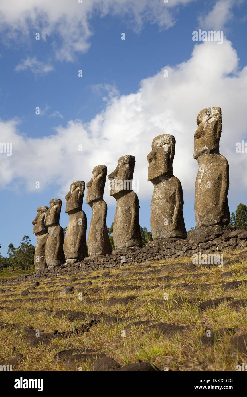 Vista di Ahu Akivi Moai, che sono gli unici Moai di faccia al mare, Rapa Nui, Isola di Pasqua, Cile. Foto Stock