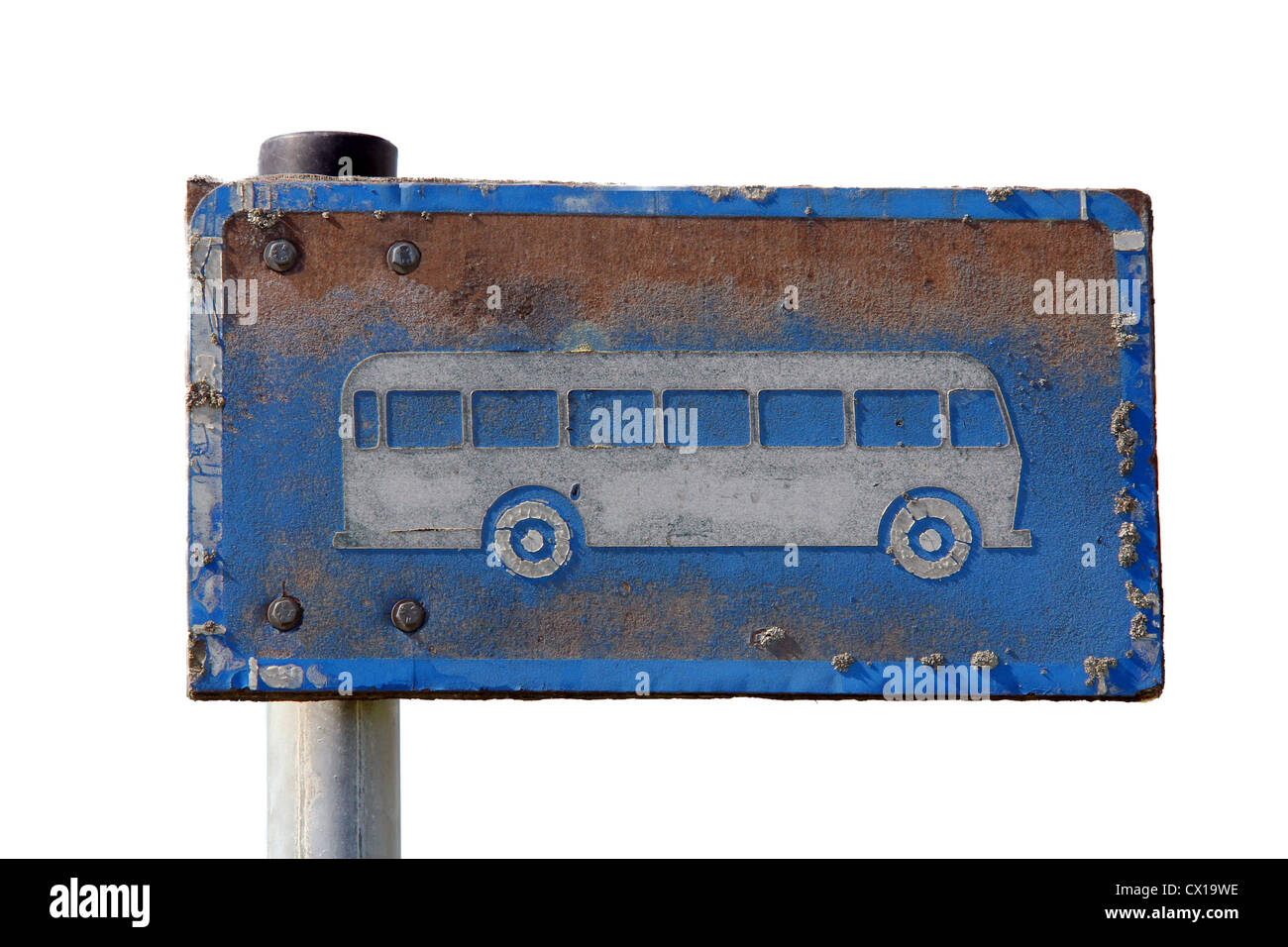 Grungy Fermata Bus segno isolato su bianco Foto Stock
