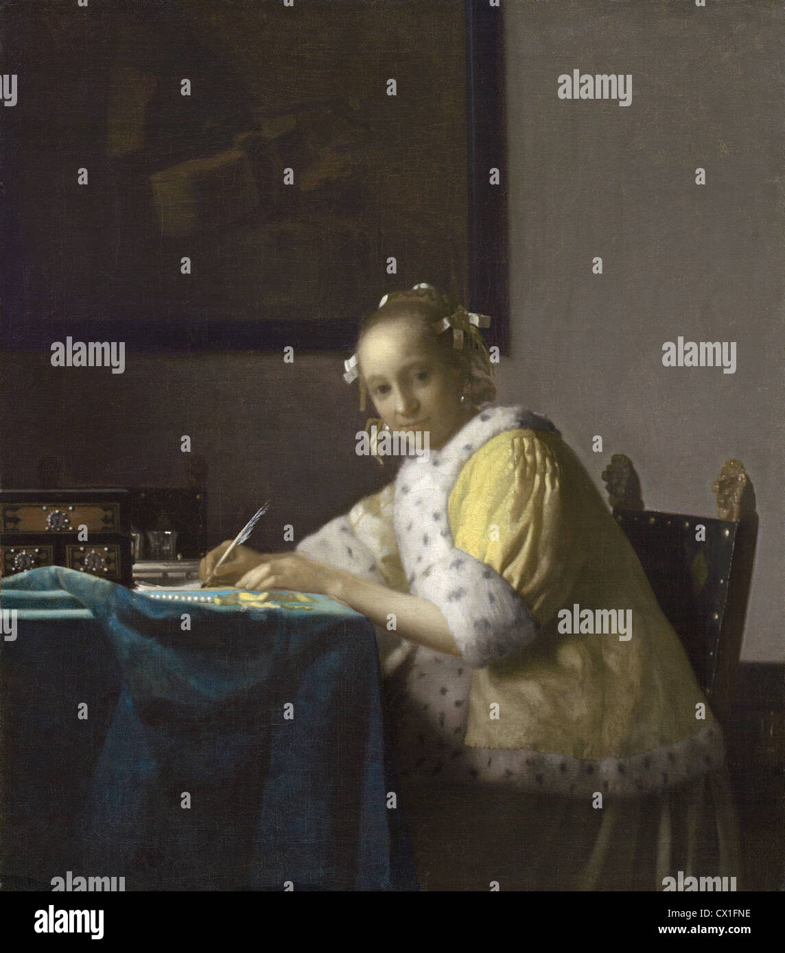 Johannes Vermeer (Olandese, 1632 - 1675 ), una signora Scrittura, c. 1665, olio su tela Foto Stock